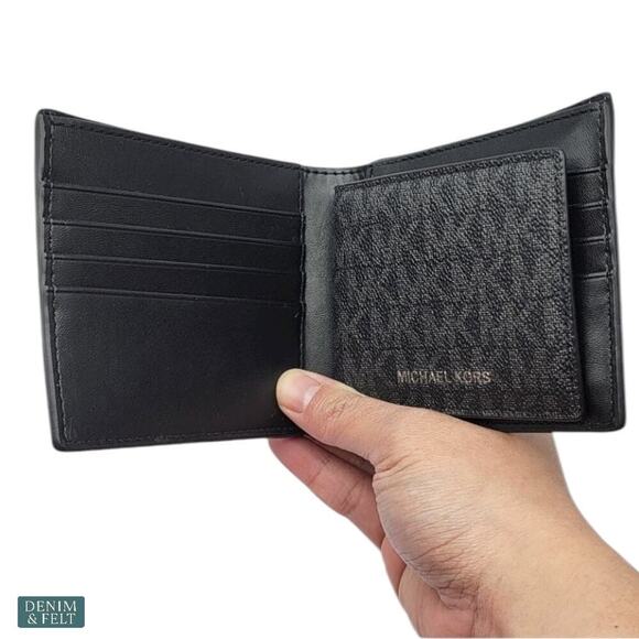 Michael Kors Cooper Billfold Wallet w/ Passcase Black MK Logo Print NWT $178
